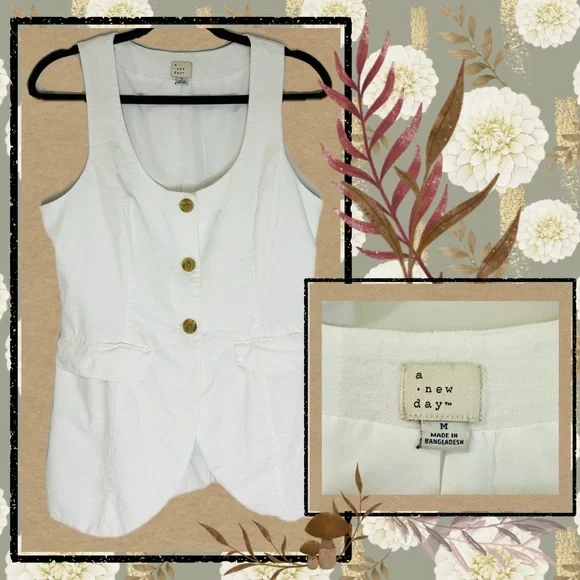 A New Day White Button Front Vest M Minimalist Tie Back Sleeveless Top - Picture 2 of 5